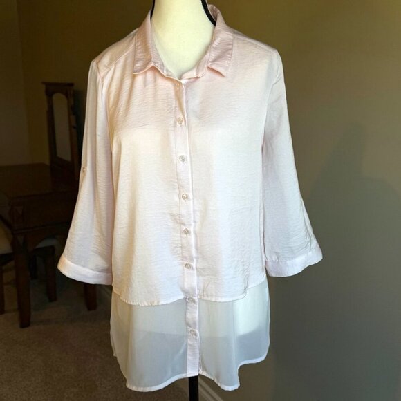 Reitmans pink partial sheer 3/4 length sleeved collared button feminine flowy - Picture 1 of 12